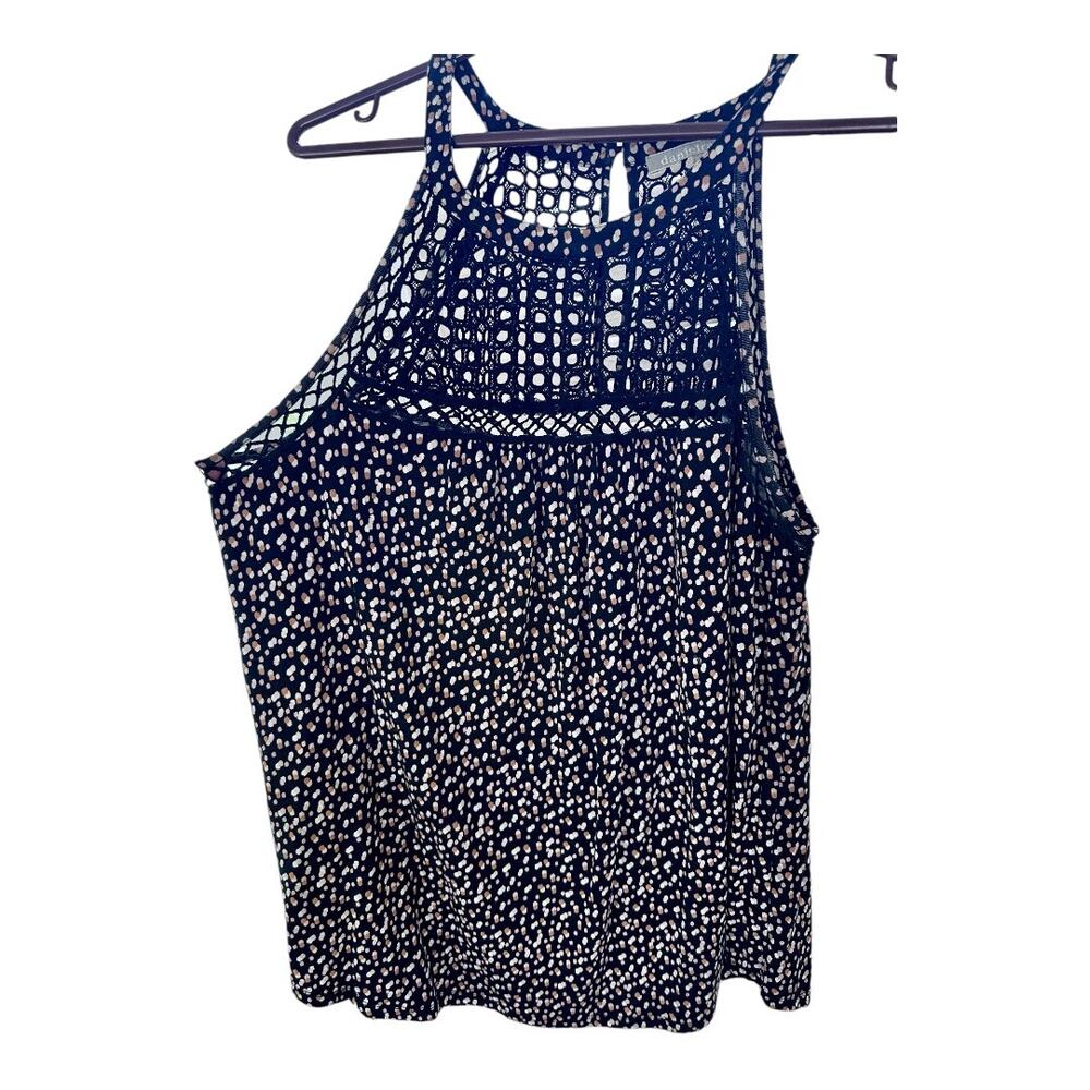 Daniel Rainn black polka dot halter neckline top pull over casual crochet SZ LG